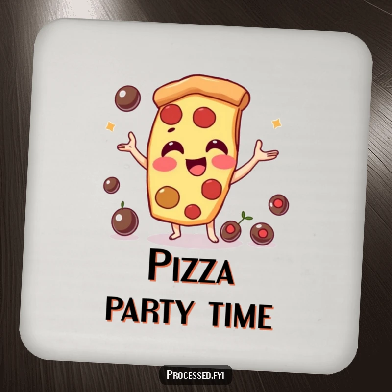 Funny pizza slice character, juggling olives with a smile. A set of charming coasters for your beverages.