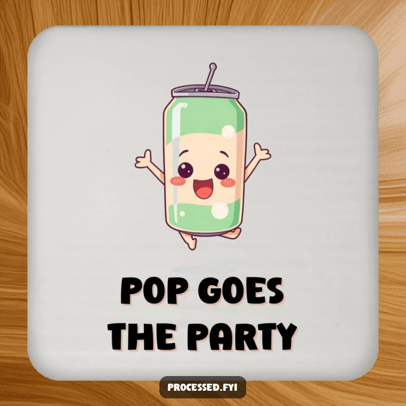 Funny bubbly soda can leaping with excitement, serving as a humorous and protective drink coaster.