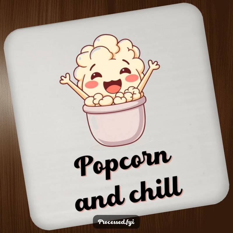 Funny popcorn character happily popping from a tiny pot. A set of charming coasters for your drinks.