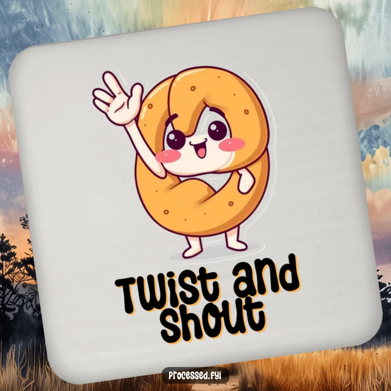 Funny drink coaster featuring an anthropomorphic pretzel waving jauntily with an excited expression, protecting tables.