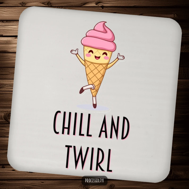 Funny drink coaster featuring a cheerful anthropomorphic ice cream cone performing a pirouette, protecting tables.