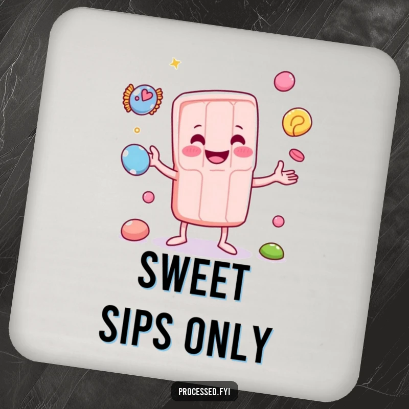 Funny drink coaster featuring an anthropomorphic candy bar juggling miniature sweets, adding playful charm to surfaces.