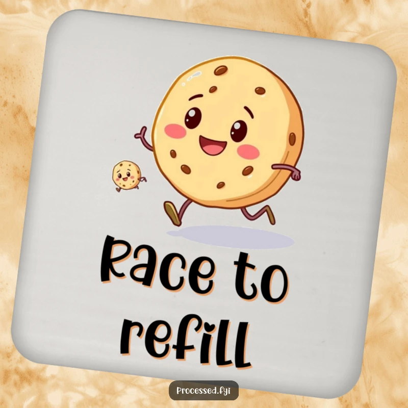 Funny Cookie Race Coasters: A smiling cookie with tiny legs running a race, guarding against drink rings with humor.