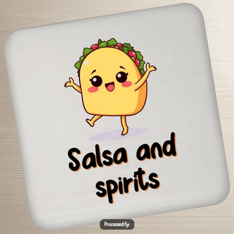 Funny drink coasters featuring a sassy taco with legs salsa dancing, adding vibrant fiesta flair to beverage service.