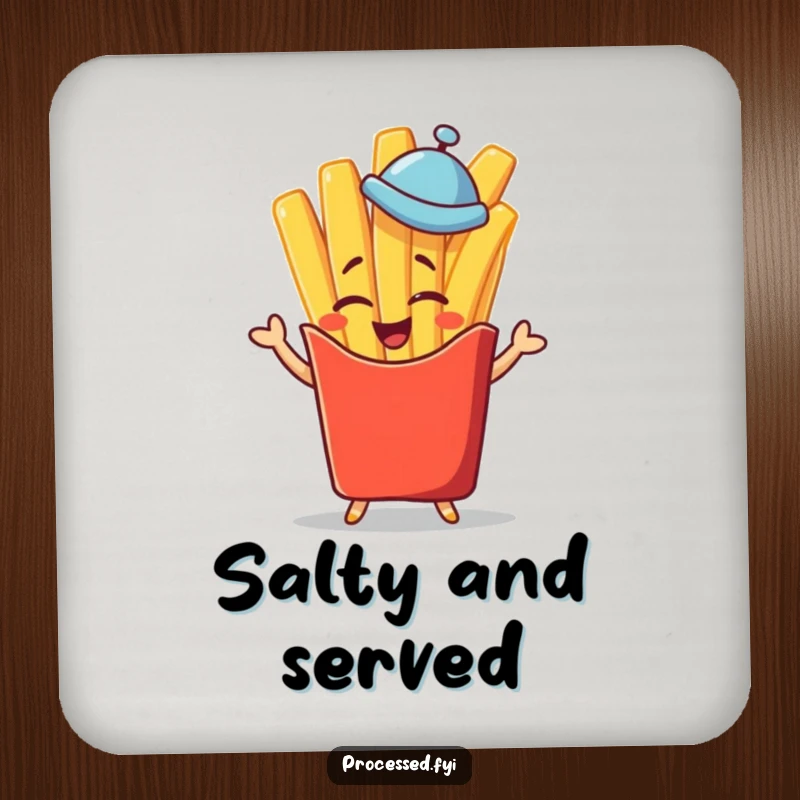 Funny winking french fry character in a tiny hat giving a jaunty salute, protecting surfaces with these humorous drink coasters.