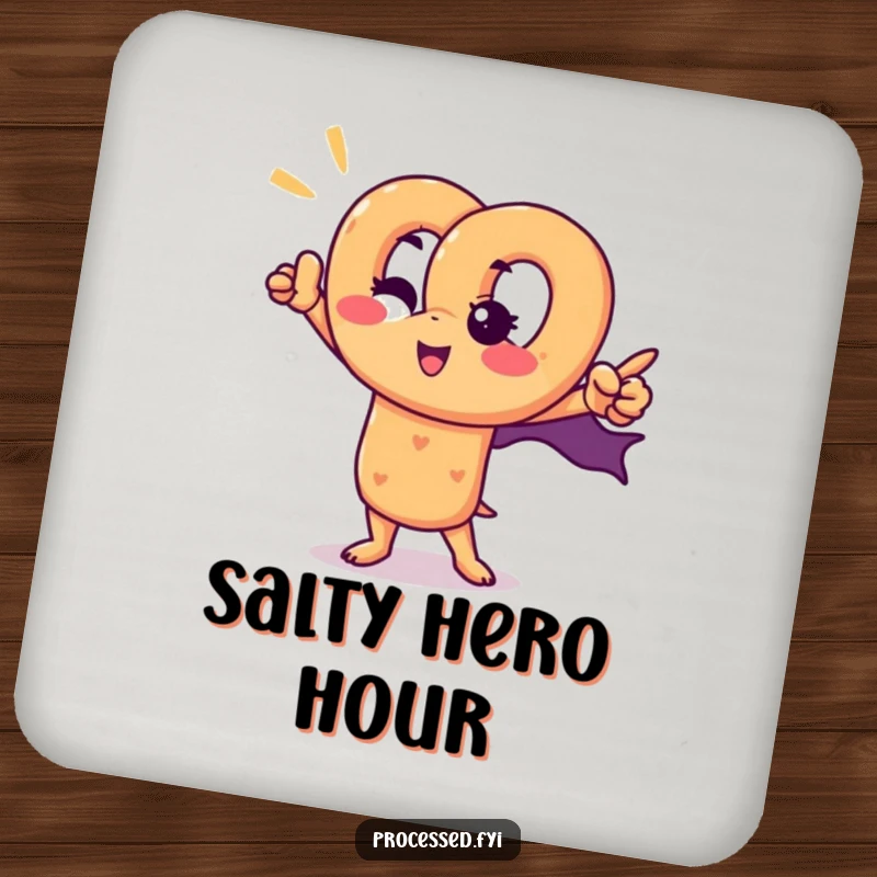 Funny pretzel superhero coaster depicting a winking pretzel character in a heroic pose, a protective and funny addition.