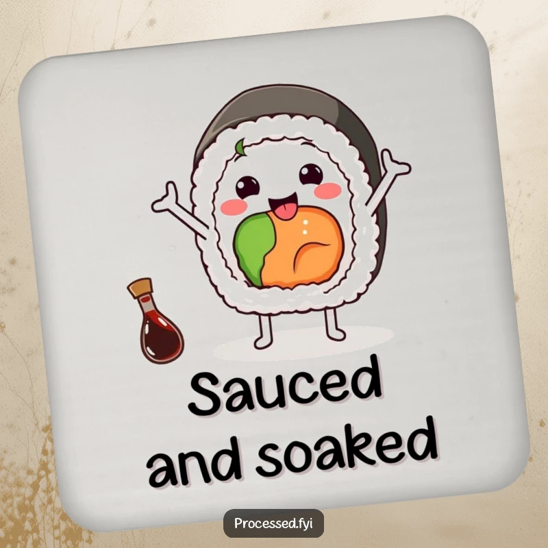 Funny drink coaster featuring a cheerful sushi roll waving happily with arms, a tiny soy sauce bottle nearby, protects surfaces