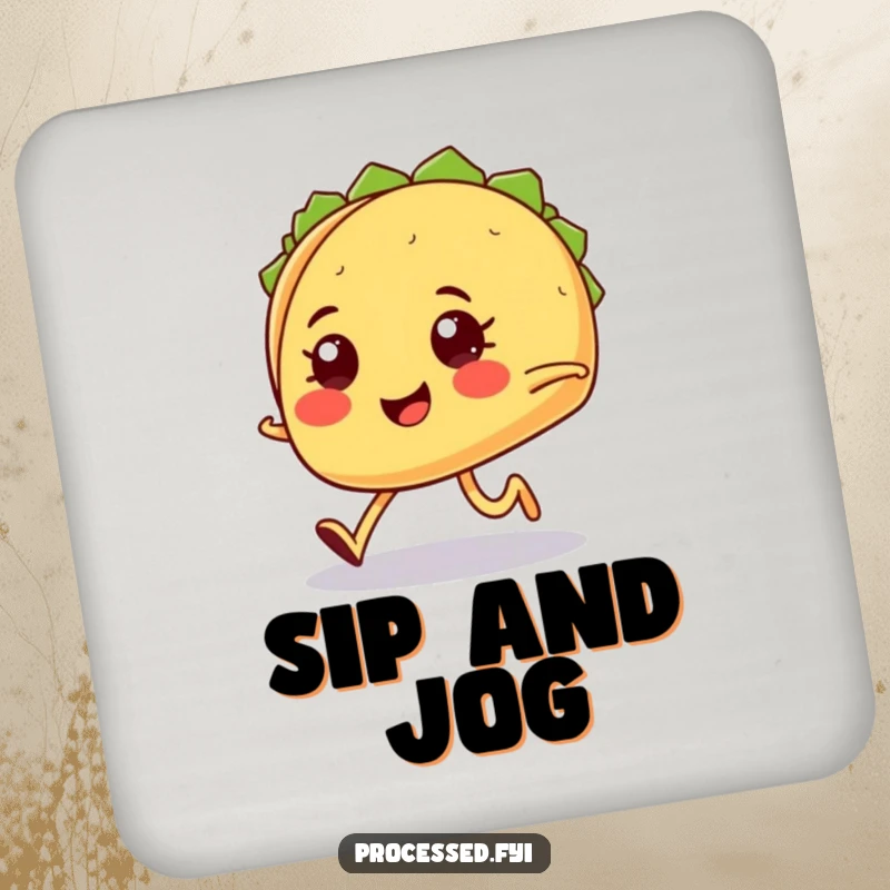 Funny smiling taco with tiny legs jogging determinedly, a humorous and protective drink coaster.