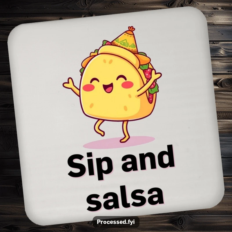 Funny drink coaster featuring a smiling taco with legs, wearing a tiny sombrero, doing a jig, protects surfaces