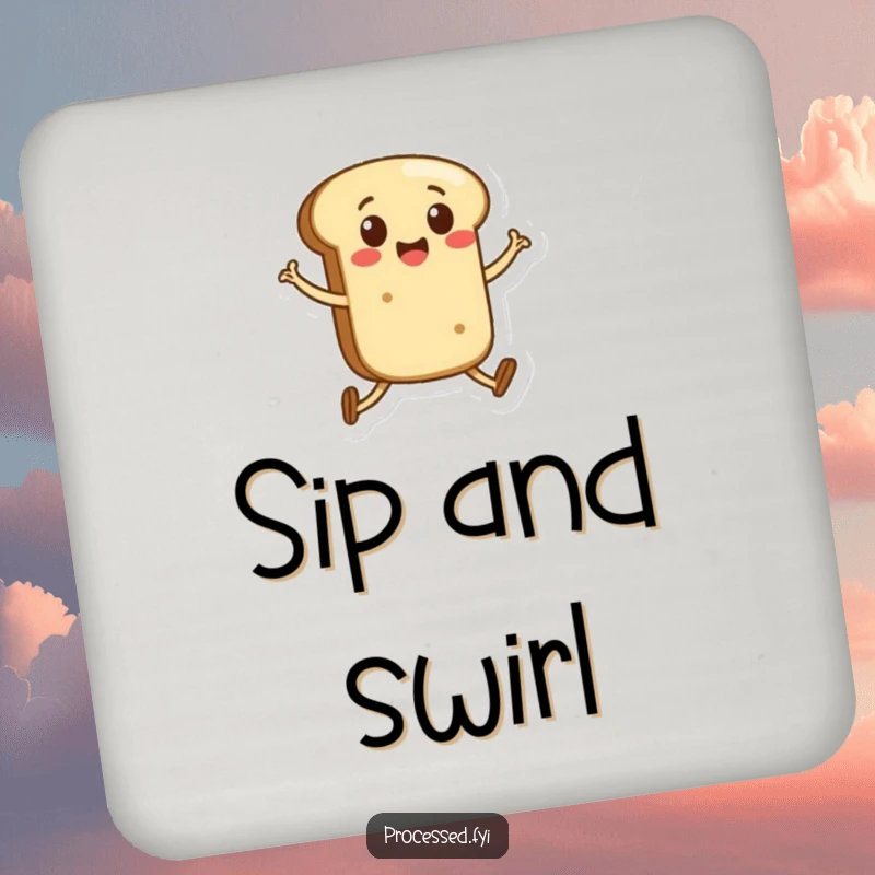 Funny drink coaster showcasing a joyful anthropomorphic bread roll with legs skipping, adding a touch of humor to beverage service.