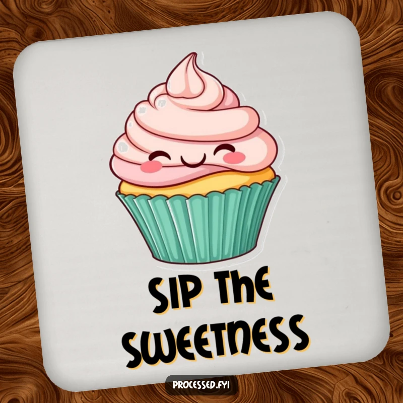 Funny coaster depicting a smiling cupcake hopping with joy, bringing a touch of sweet cheer to any surface.