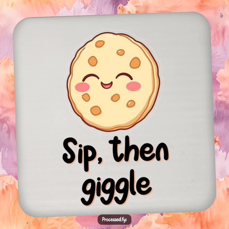 Funny drink coaster showcasing a laughing anthropomorphic cookie, protecting tables with a cheerful design.