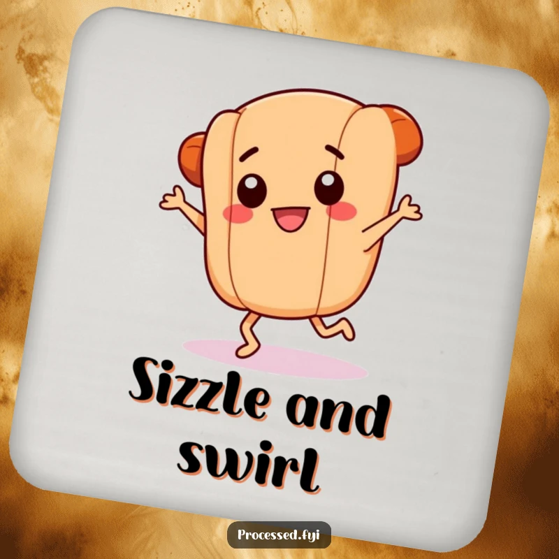 Funny drink coaster with a smiling hotdog link with tiny legs doing a frantic dance, protecting surfaces while adding a playful and humorous touch.