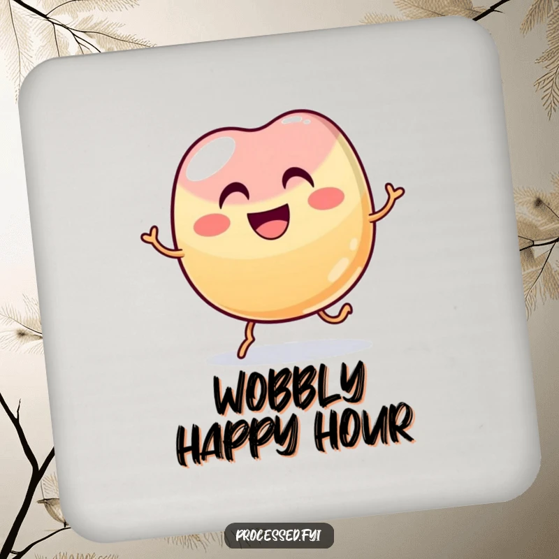 Funny wobbly jelly bean with a wide grin hopping joyfully, a humorous and protective drink coaster.
