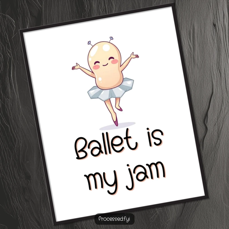 Funny jellybean ballet poster showcasing a wobbly character in a tutu in a humorous dance pose, ideal for wall decor.