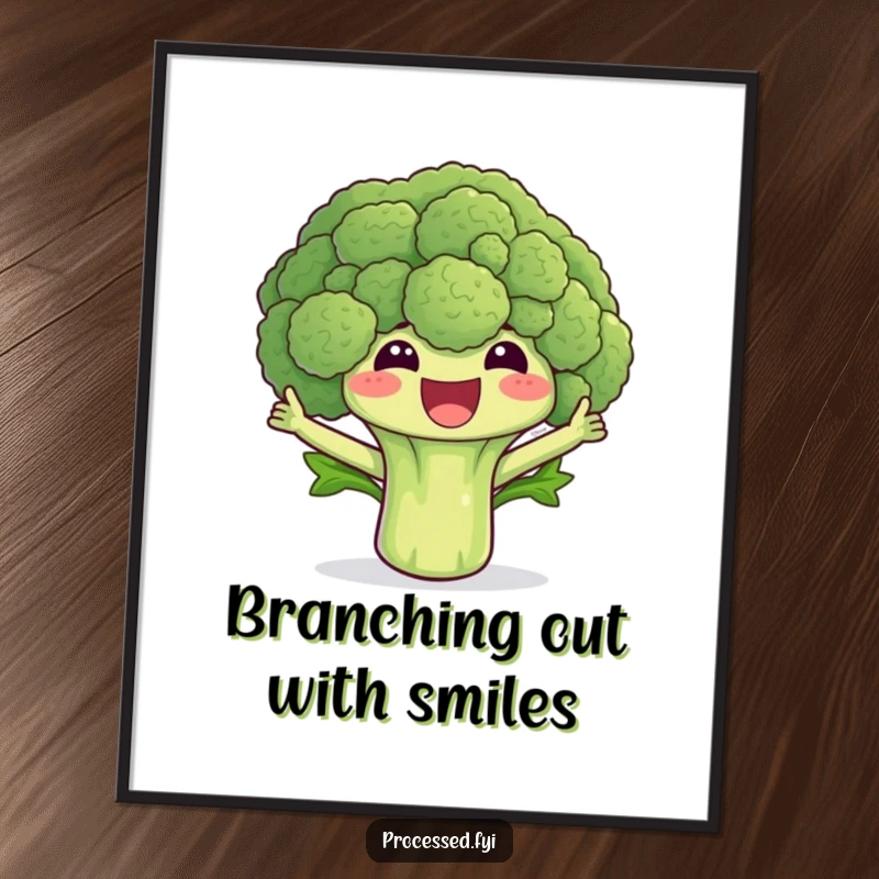 Funny broccoli poster art of a cheerful floret waving its leaves, bringing vibrant and humorous veggie charm.