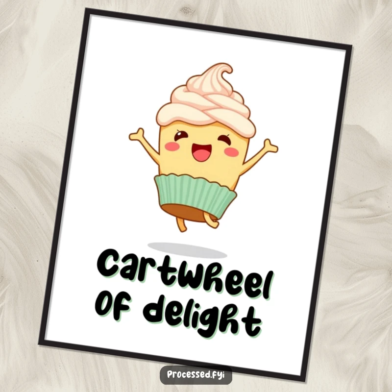 Funny poster featuring a happy cupcake with frosting, captured mid-cartwheel with pure, infectious, sweet delight.