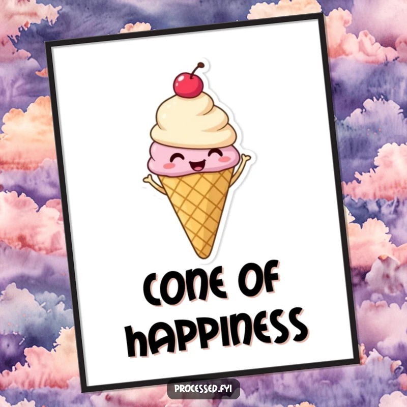 Funny poster featuring a smiling ice cream cone with a cherry, captured mid-shimmy with pure, infectious, sweet delight.