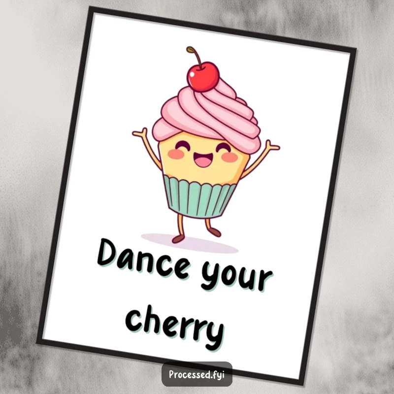 Funny Cupcake Jig Poster: A cheerful cupcake with a tiny cherry on top performs a celebratory dance, adding festive charm.