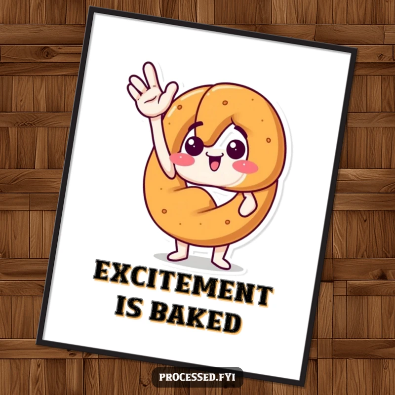 Funny poster of an anthropomorphic pretzel waving enthusiastically with a bright, excited expression. Perfect wall decor.