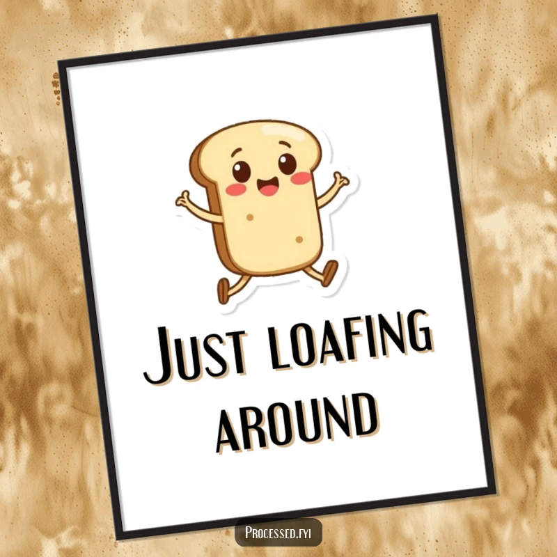 Funny poster illustrating a cheerful anthropomorphic bread roll with legs skipping with sheer delight, perfect for adding humor to walls.