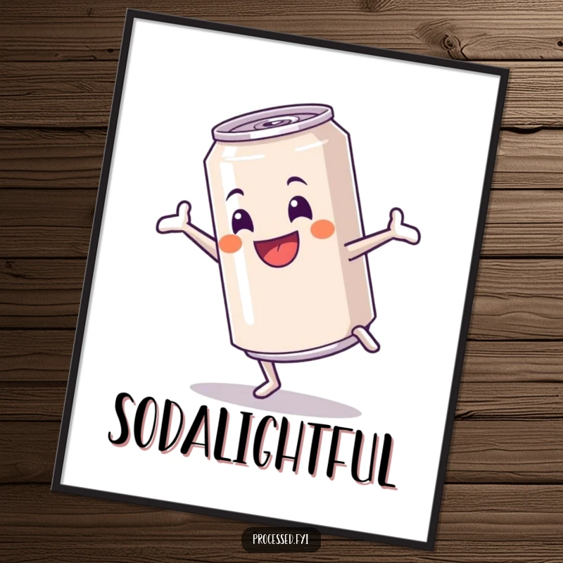 Funny poster of a cheerful anthropomorphic soda can performing a cartwheel, bringing bubbly energy and fun to walls.