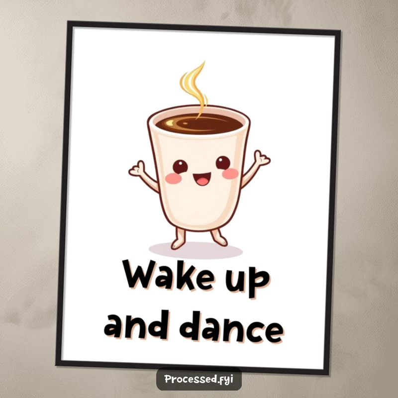 Funny cheerful coffee cup doing a spirited jig, presented as a vibrant and humorous art print for walls.
