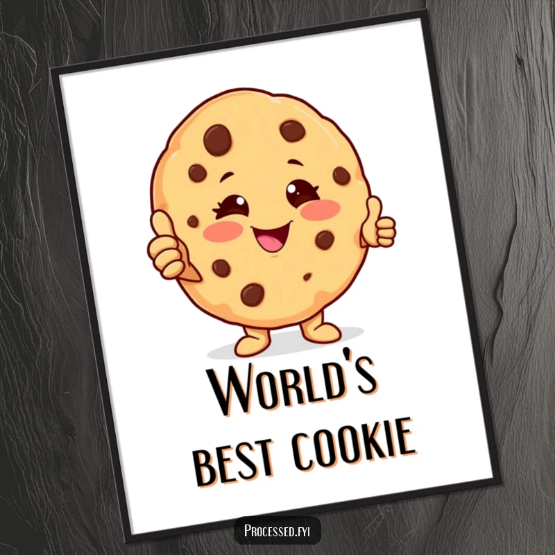 Funny cookie character poster showcasing a cheerful anthropomorphic cookie winking and giving a thumbs-up, perfect for adding humor to wall decor.