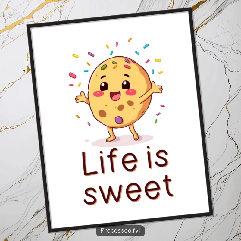 Funny poster of a happy anthropomorphic cookie juggling colorful sprinkles with excitement, ideal for adding cheerful decor.