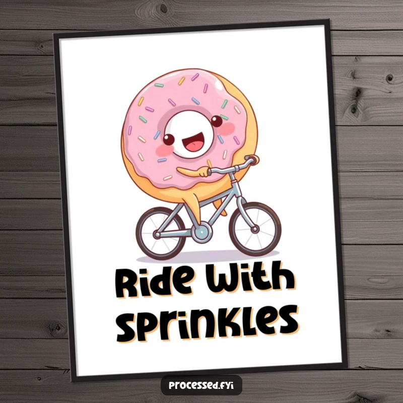Funny donut bicycle poster featuring a joyful donut with sprinkles joyfully riding a miniature bicycle, perfect for cheerful decor.
