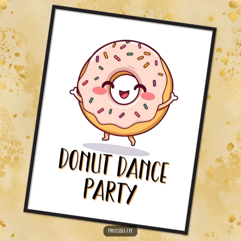 Funny poster of a grinning donut character with sprinkles, dancing joyfully, capturing the sweet essence of fun.