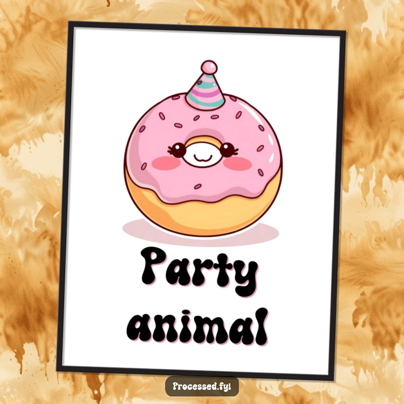 Funny Donut Poster featuring a blushing character with a party hat and sprinkles, bringing sweet humor and festive charm to any room.