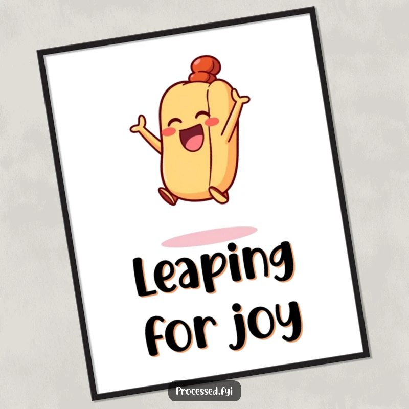 Funny Excited Hot Dog Poster: A happy hot dog in its bun, caught mid-jump with pure excitement and joy.