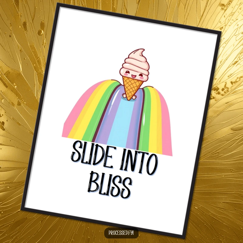 Funny poster of a joyful ice cream cone happily sliding down a rainbow, bringing sweet and humorous vibes to any space.