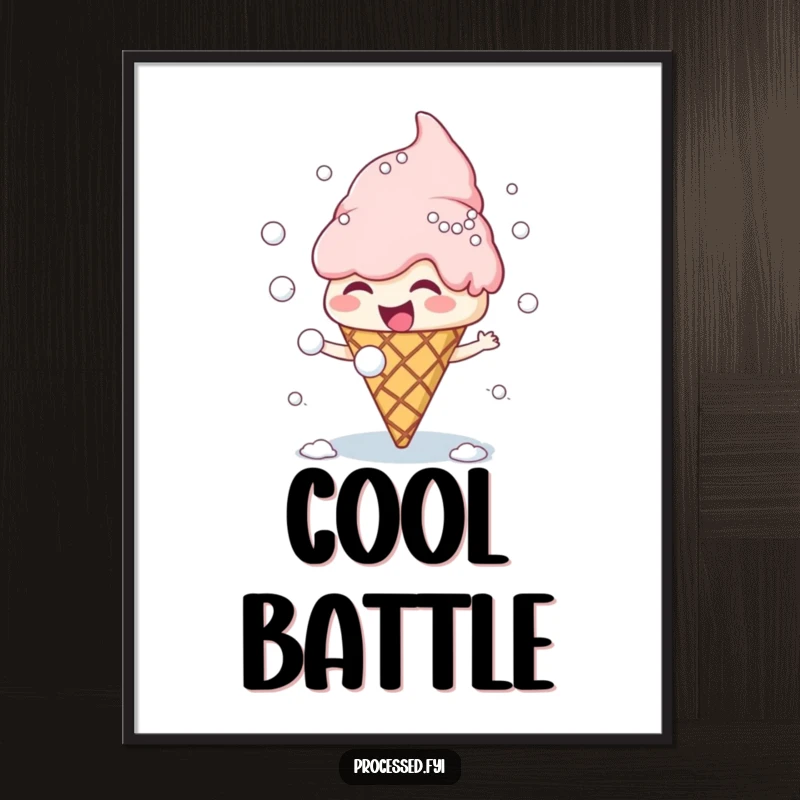 Funny ice cream cone character with a wide giggle, throwing snowballs at its own scoops in a chaotic, joyful fight.
