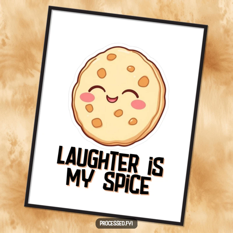 Funny poster of an anthropomorphic cookie captured mid-hearty laugh, bringing vibrant humor to wall decor.