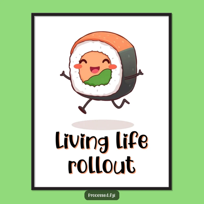 Funny Leaping Sushi Roll Poster: Vibrant Cartoon Art for Your Walls