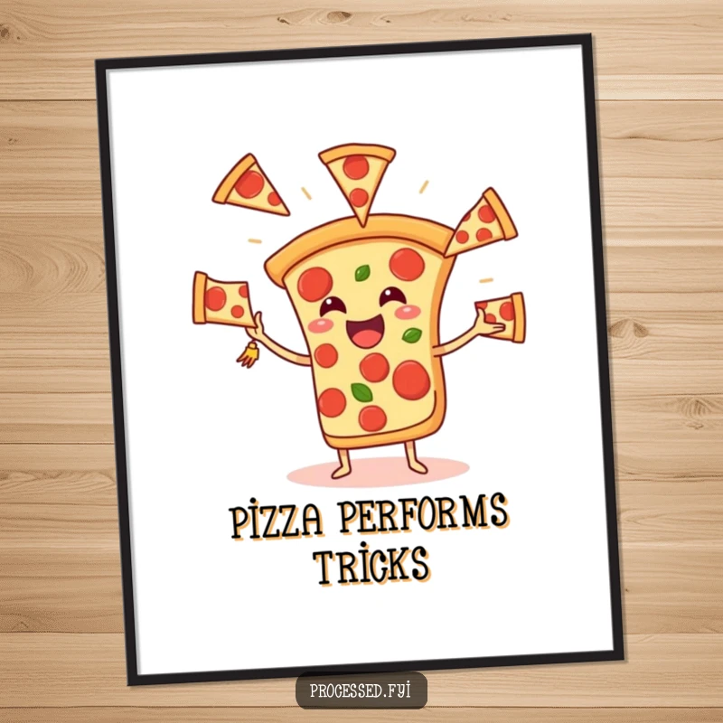 Funny Pizza Juggling Poster, depicting a jovial pizza slice expertly tossing pepperoni slices, a humorous piece of wall decor.