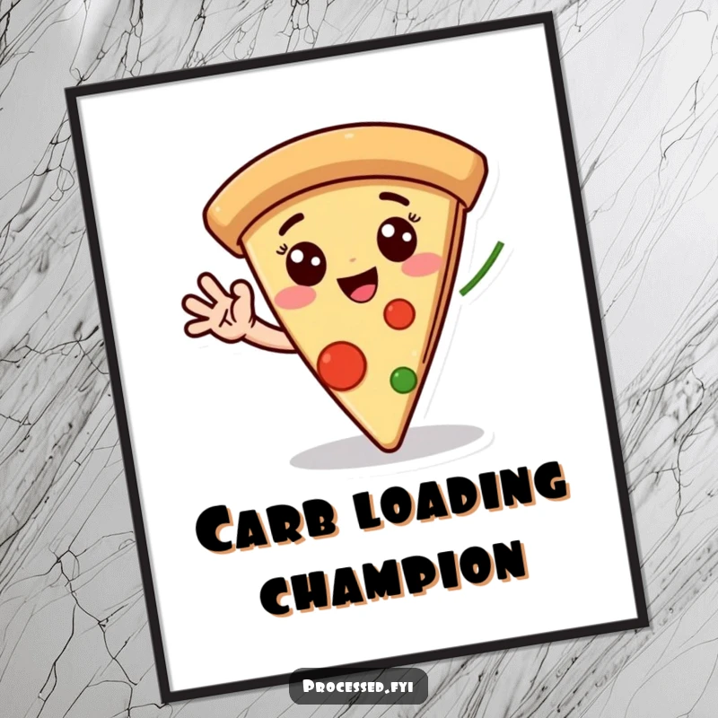 Funny poster showcasing a jubilant pizza slice with expressive eyes, merrily waving a pepperoni hand, adding a humorous touch to decor.
