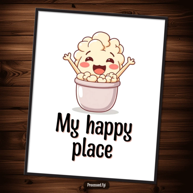 Funny, jovial popcorn character, bursting with energy from a tiny pot. A vibrant wall art piece.