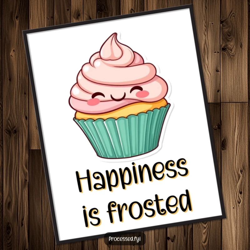 Funny poster of a smiling cupcake with frosting swirls joyfully hopping, radiating sweet energy and dessert happiness.