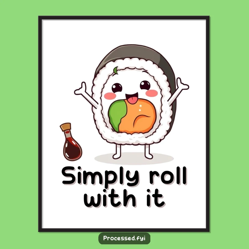 Funny Sushi Wave Poster: Whimsical Wall Art with a Cheerful Waving Sushi Roll