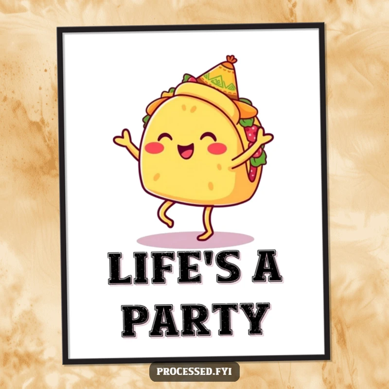 Funny poster art of a smiling taco with legs, wearing a tiny sombrero, performing a joyful jig, colorful and energetic wall decor