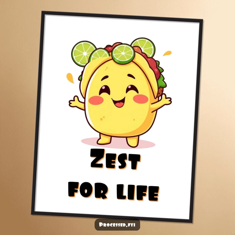 Funny Taco Poster featuring a juggling lime character, perfect for adding cheerful Mexican food art and humor to any room.