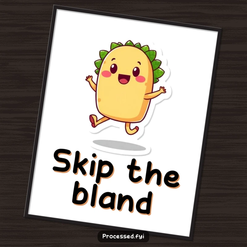 Funny taco poster, a smiling anthropomorphic food character with legs, joyfully skipping.