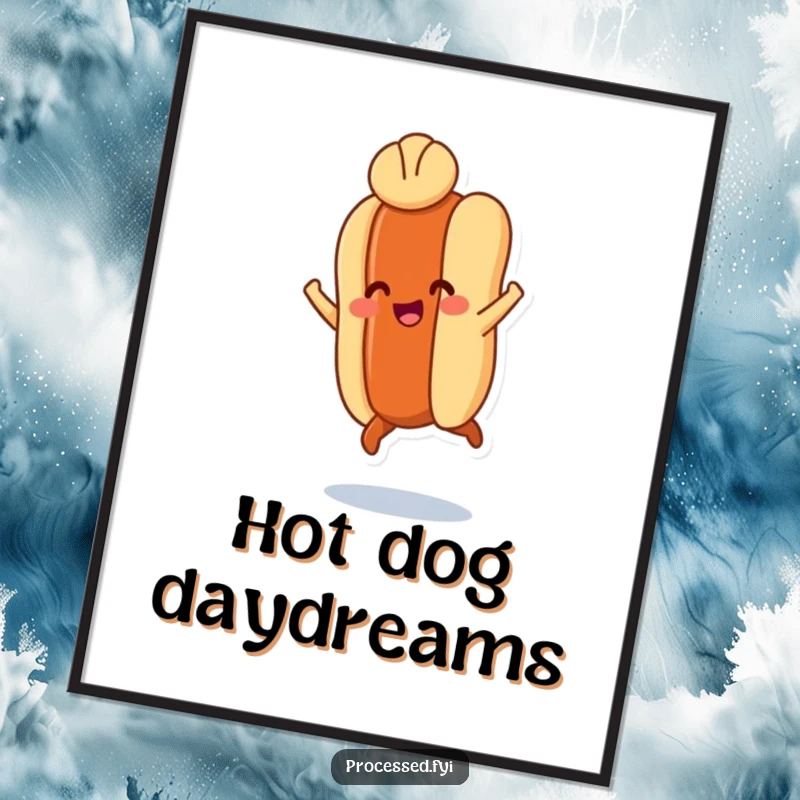 Funny poster art of a hot dog with tiny legs leaping joyfully, a small bun on its head, capturing energetic food fun.