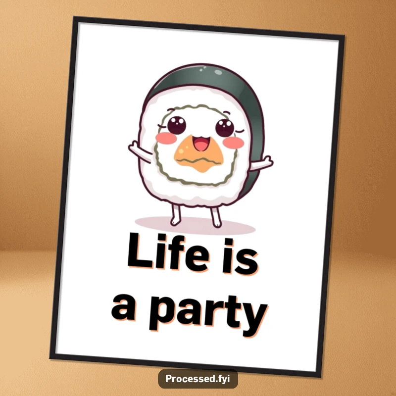 Funny cheerful sushi roll with wide eyes dancing happily, a humorous and vibrant poster for wall decor.