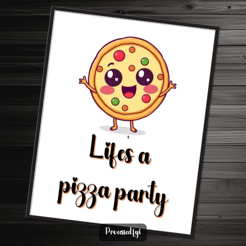 Funny Poster of a happy pizza slice with topping eyes doing a merry jig, a fun and appetizing piece of wall art.