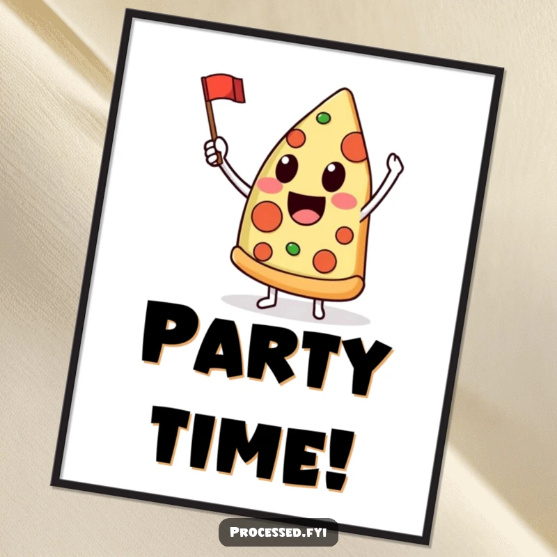 Funny poster of a delighted anthropomorphic pizza slice joyfully waving a tiny flag, ideal for adding cheerful decor.