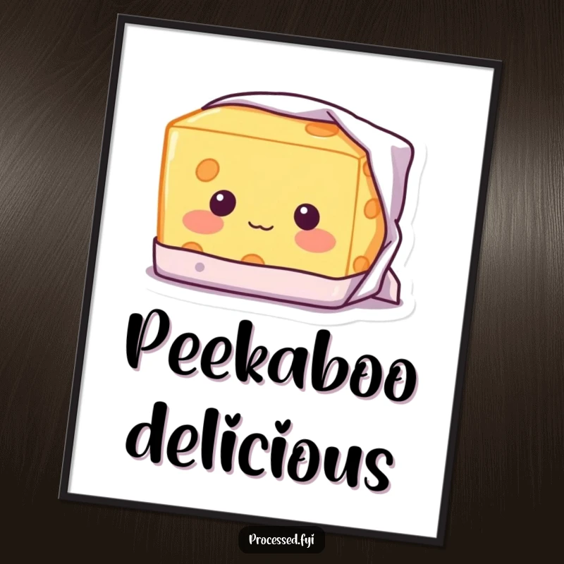 Funny Shy Cheese Poster: A blushing block of cheese with a shy smile, peeking adorably from its wrapper.